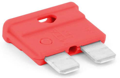 Fusible plat rouge à deux lames métalliques, utilisé pour protéger les circuits électriques.