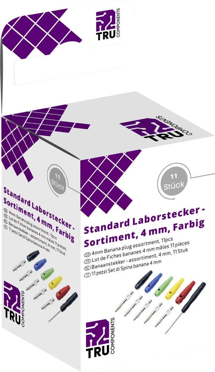 Emballage portant l'inscription 'Assortiment de fiches de laboratoire standard, 4 mm, Colorées, 11 pièces'. Des fiches colorées sont représentées.
