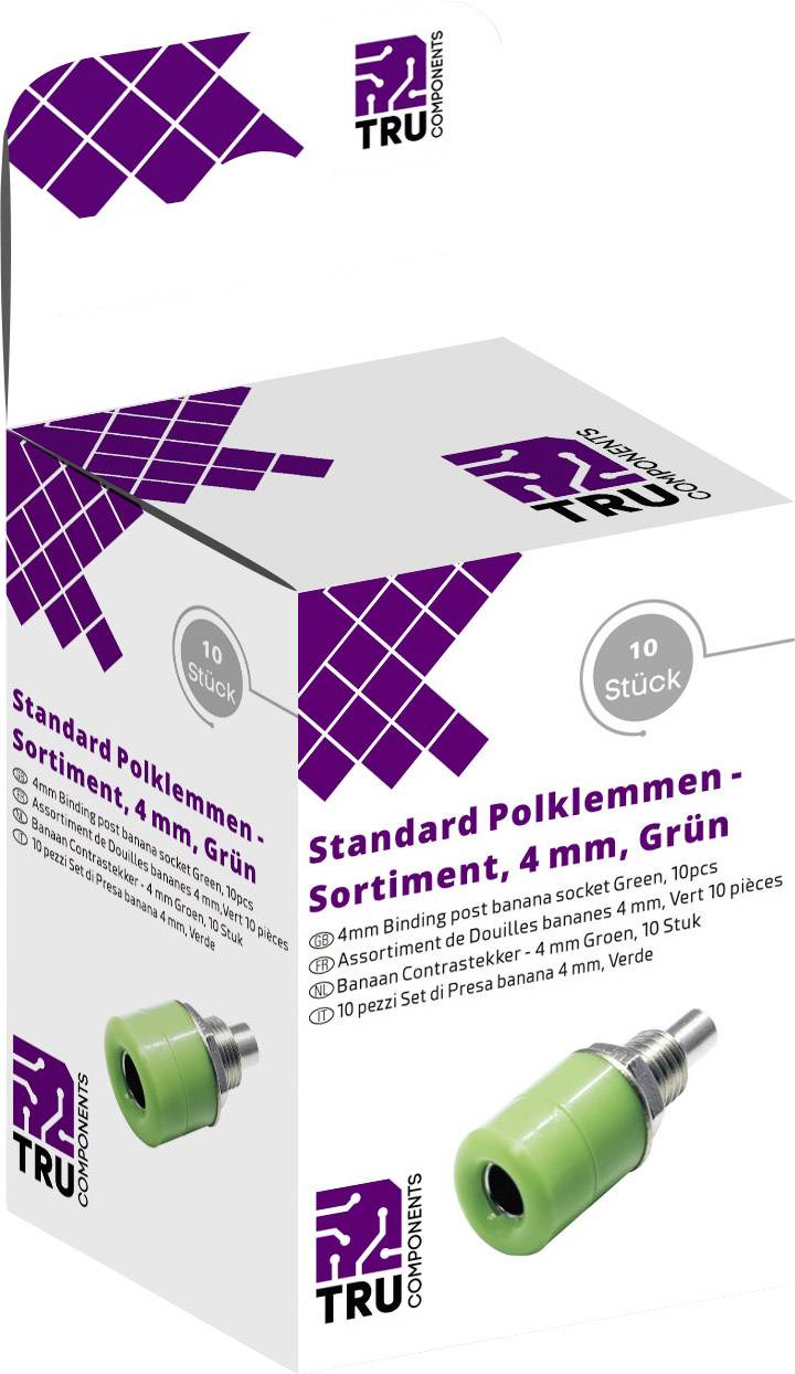 Emballage pour 'Assortiment de bornes de connexion standard, 4 mm, Vert', montrant une pièce de connexion verte et contenant 10 pièces. Marque TRU Components.