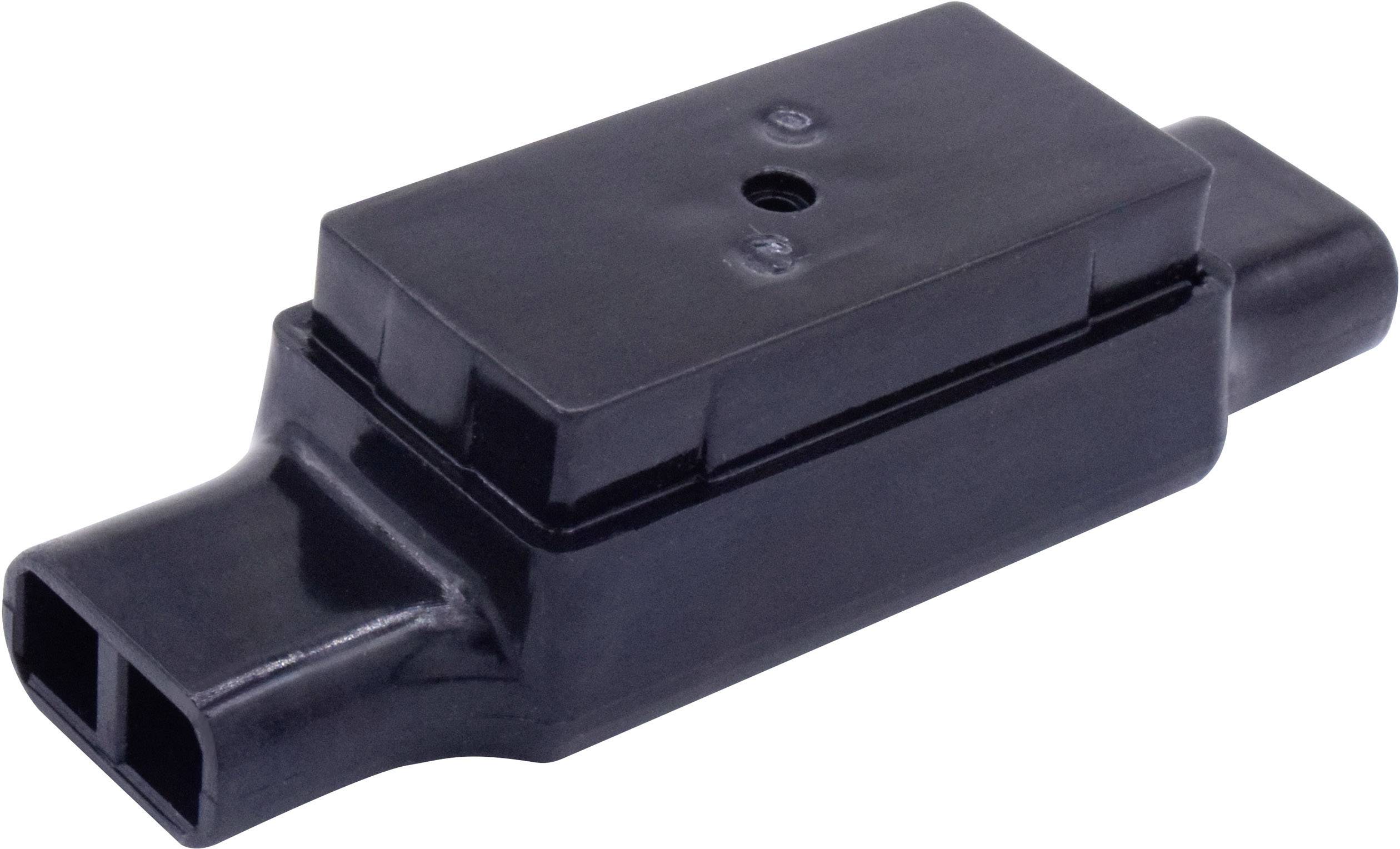 Un capteur électronique noir dans un boîtier en plastique avec un connecteur rectangulaire et des points de fixation placés centralement dans le boîtier.
