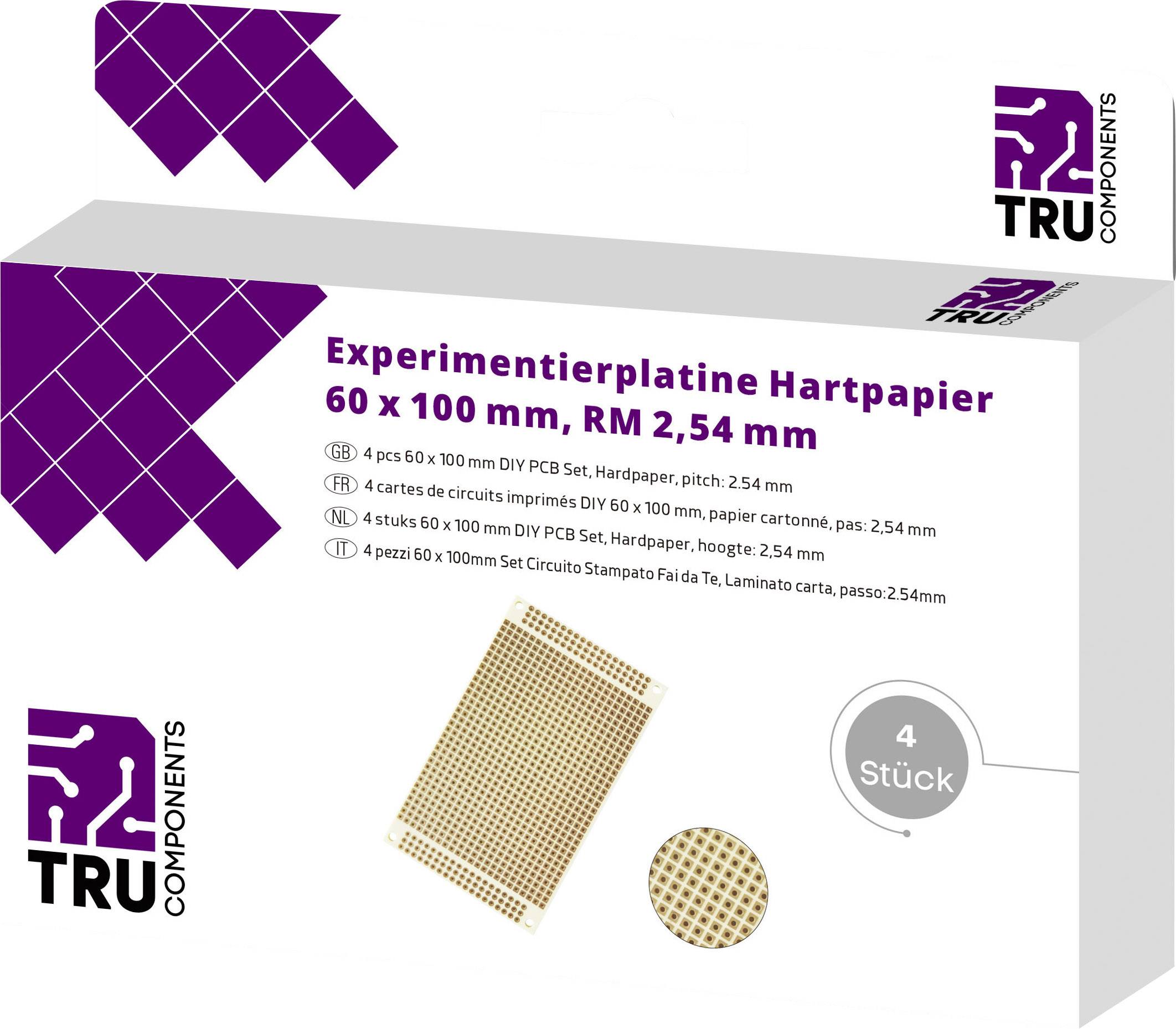 Plaquette d'expérimentation en bakélite 60 x 100 mm, pas de 2,54 mm, indique un emballage de TRU COMPONENTS avec une illustration de la plaquette.