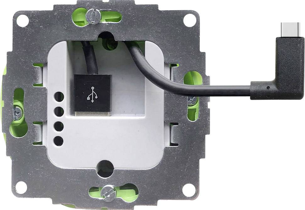 Un port USB est intégré dans un cadre métallique carré. Un câble avec une fiche USB-C dépasse.