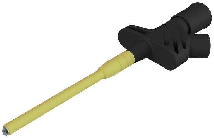 Sonde en plastique et en métal ; tige jaune avec poignée noire pour applications médicales ou techniques.