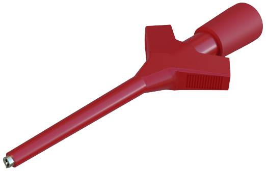 Bec de pompe à essence rouge et allongé, typiquement utilisé pour le ravitaillement des véhicules.
