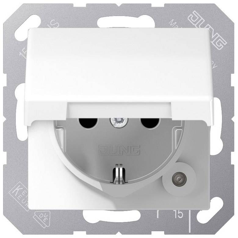 Prise électrique blanche avec couvercle rabattable, semi-ouverte, pour montage mural. Conçue pour protéger contre les éclaboussures. Nom de marque visible en haut à droite.