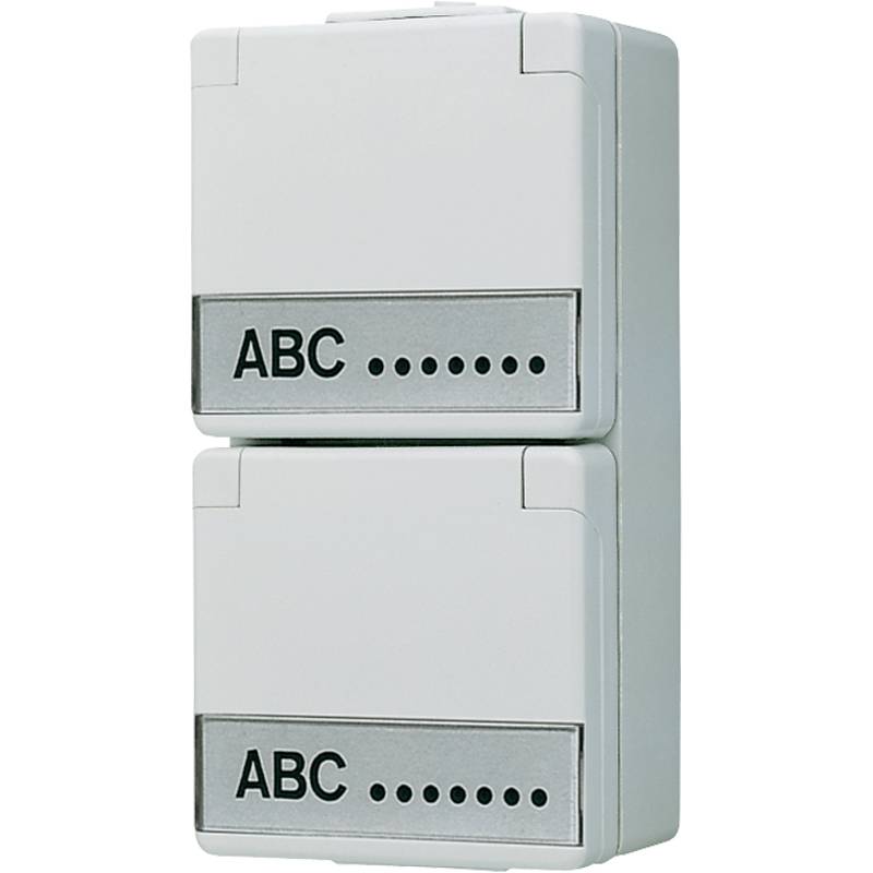 Deux interrupteurs blancs avec une étiquette 'ABC' et des points en dessous. Les interrupteurs ont un design identique et sont disposés verticalement.