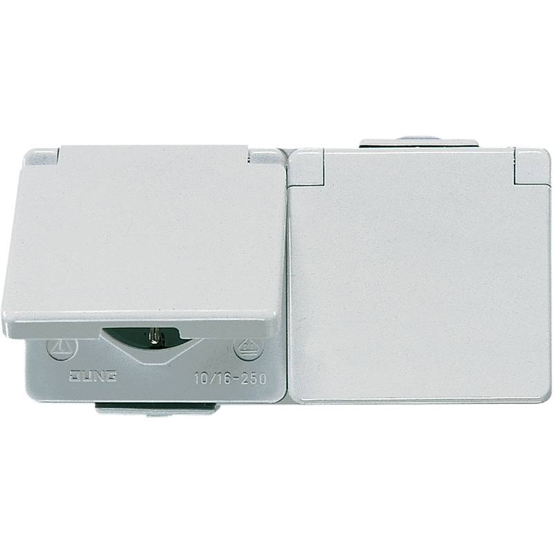 Double prise avec couvercle, blanc, adaptée pour l'extérieur, indice de protection IP44, pour espaces humides ou installations extérieures.