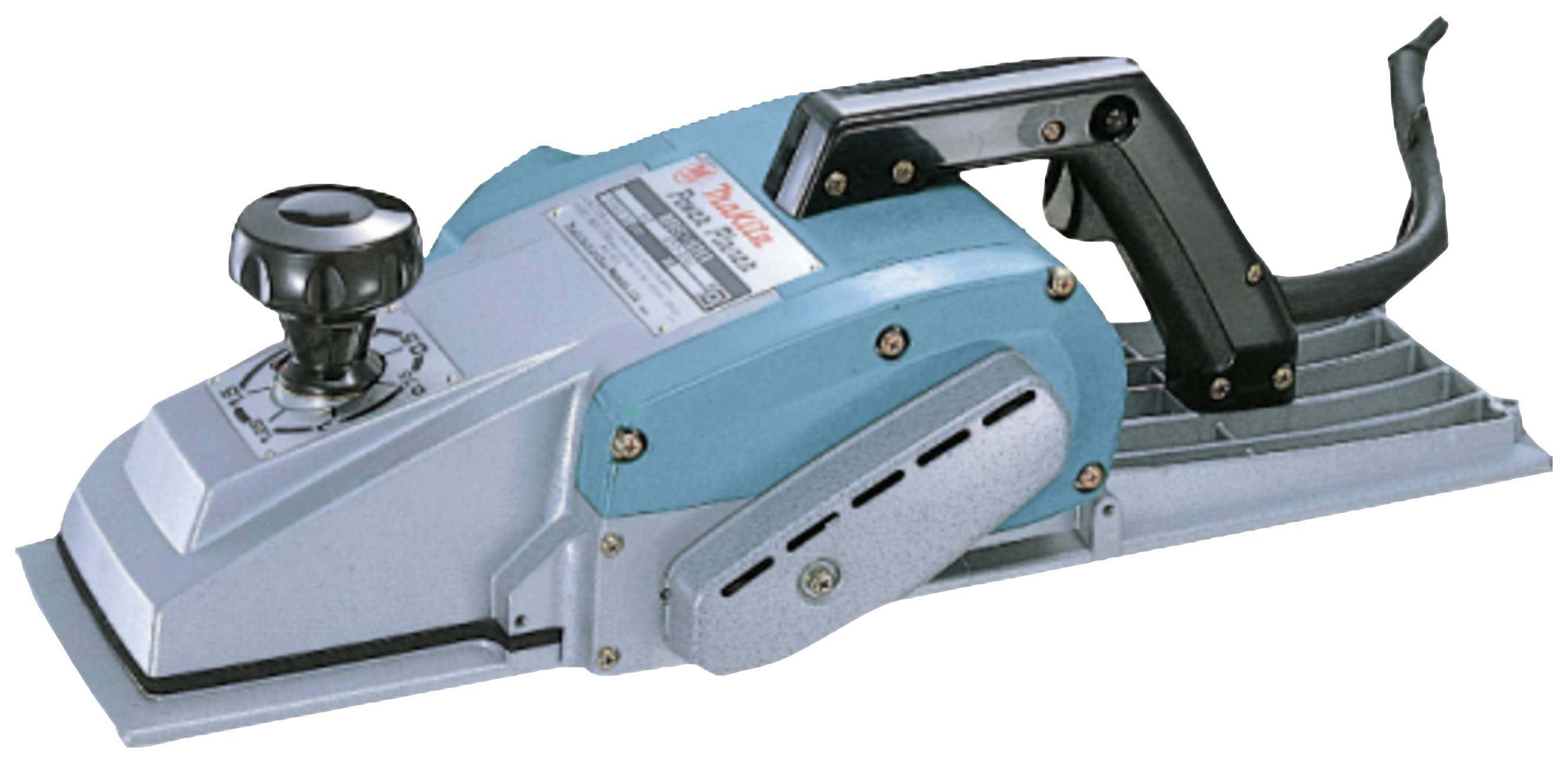 Rabot électrique à boîtier bleu avec sortie de poussière latérale. Poignée noire sur le dessus, bouton rotatif à l'avant pour le réglage de la profondeur.