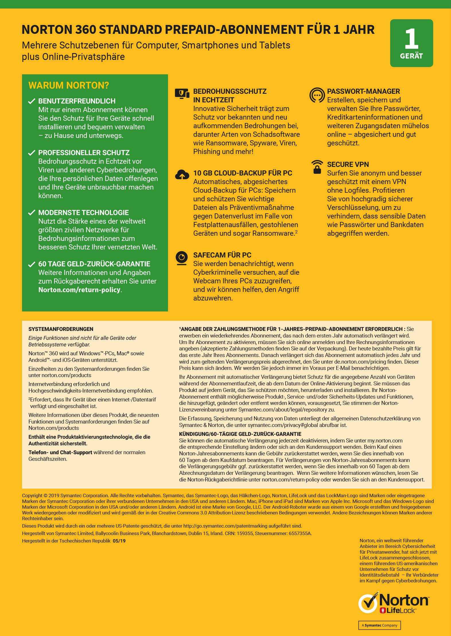 Norton Life Lock Norton™ 360 Standard 10GB GE 1 USER 1 DEVICE 12MO licence annuelle, 1 licence Windows, Mac, Android Antivirus