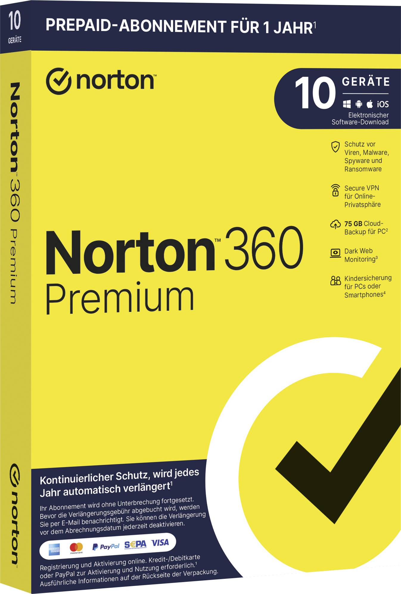 Norton Life Lock Norton™ 360 Premium 75GB GE 1 USER 10 DEVICE 12MO licence annuelle, 10 licences Windows, Mac, Android Antivirus
