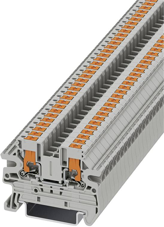Barrette de connexion gris-orange pour connexion électrique, vue latérale. Double rangée de bornes, adaptée pour montage sur rail DIN.