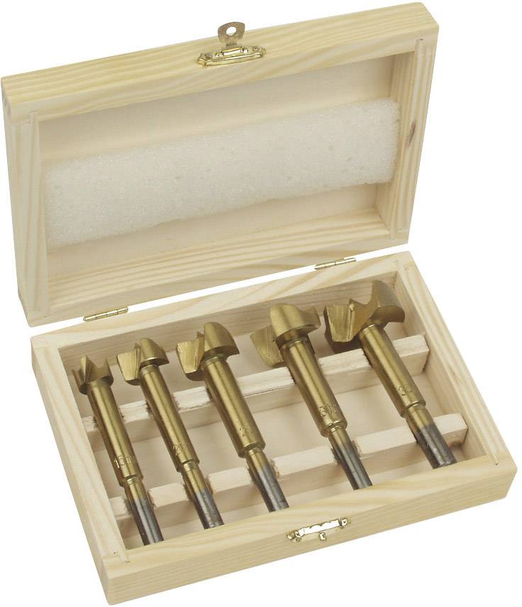 Coffret de mèches de Forstner en bois ouvert, composé de cinq mèches métalliques disposées dans des rainures adaptées.