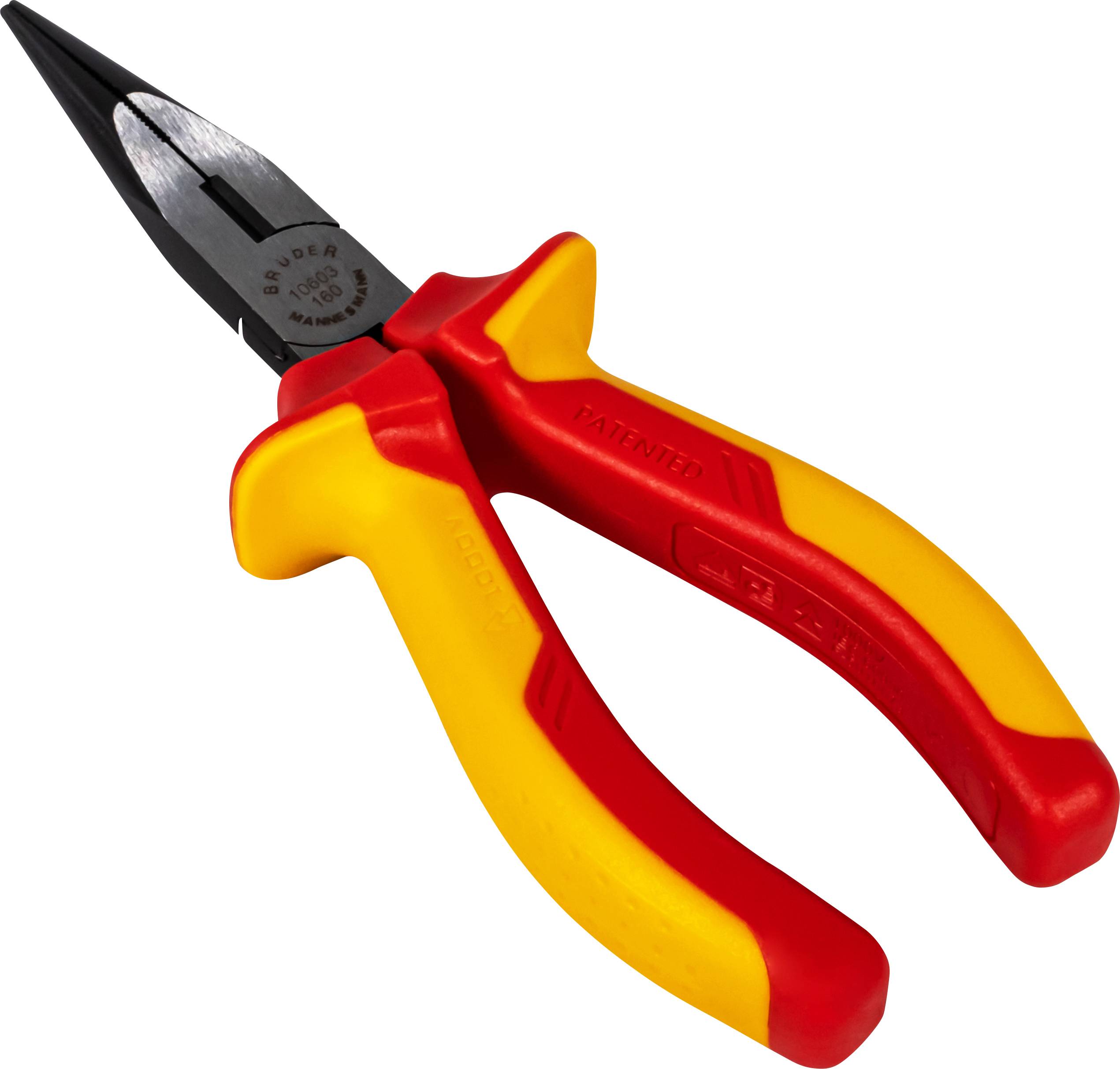 Une pince multifonction isolée avec poignée en caoutchouc rouge et jaune, adaptée pour les travaux électriques.