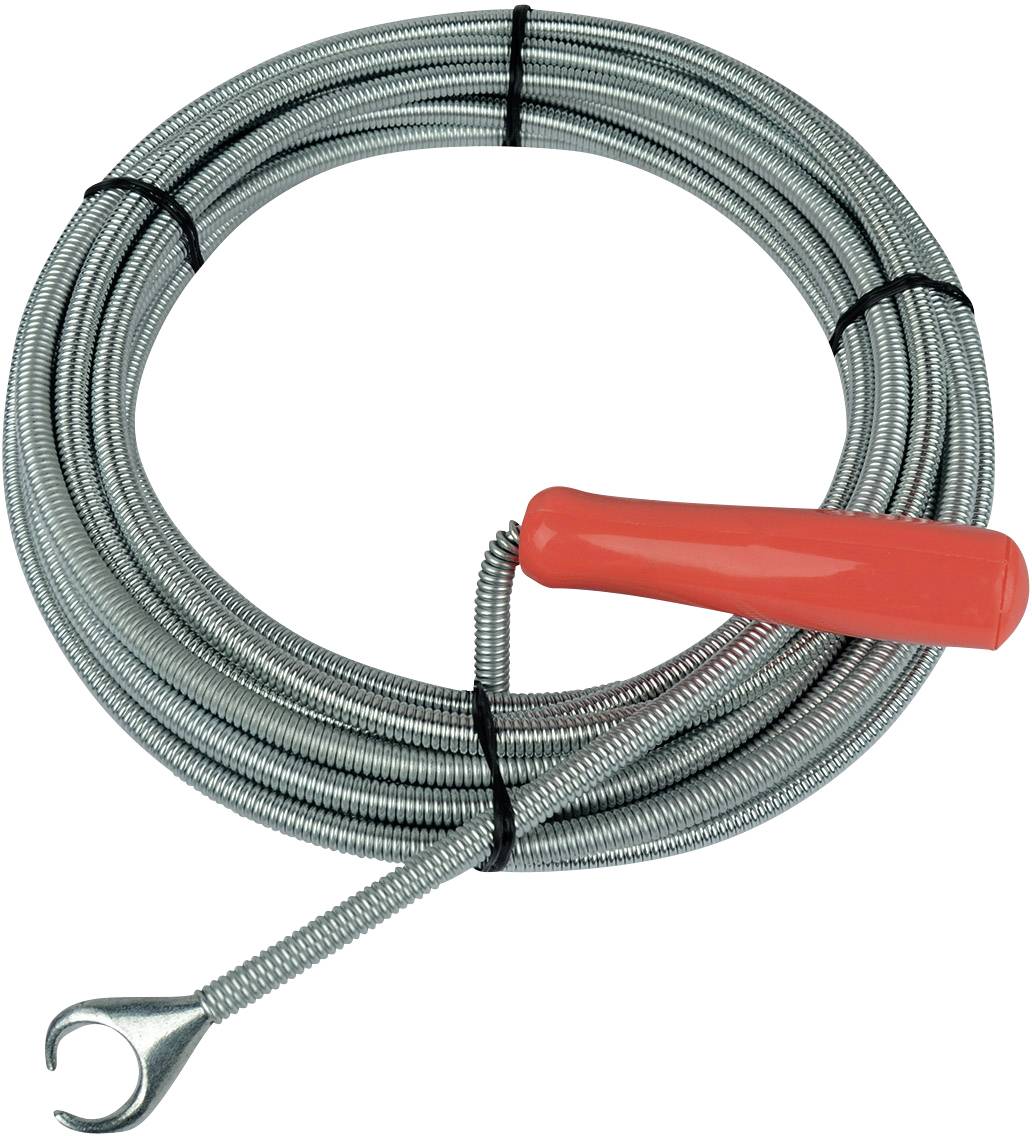 Nettoyeur de canalisations gris avec poignée rouge, composé d'un ressort métallique, pour nettoyer les tuyaux et les évacuations.