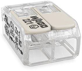 Un connecteur électrique transparent à deux leviers, marqué 'WAGO 221', pour la connexion de fils.