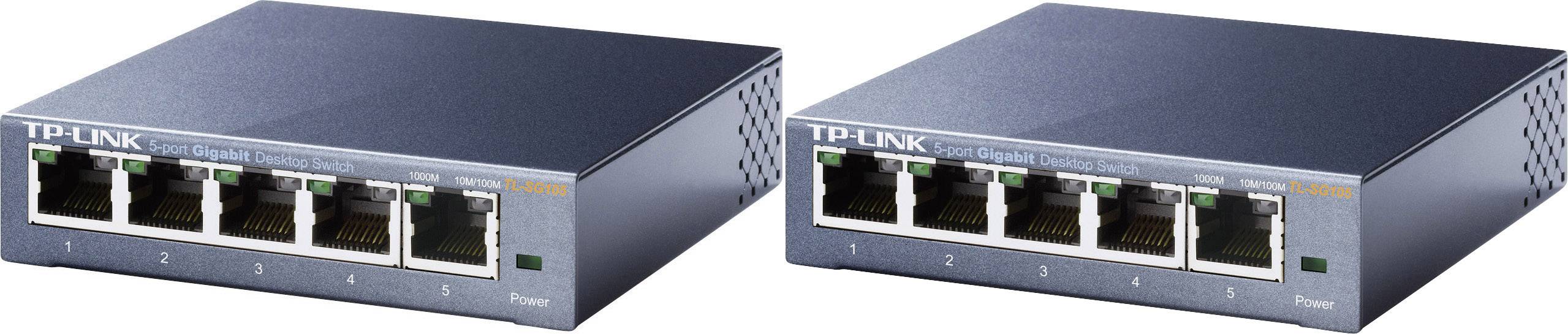 Deux commutateurs réseau TP-Link avec chacun cinq ports Ethernet, adaptés aux petits environnements de bureau.
