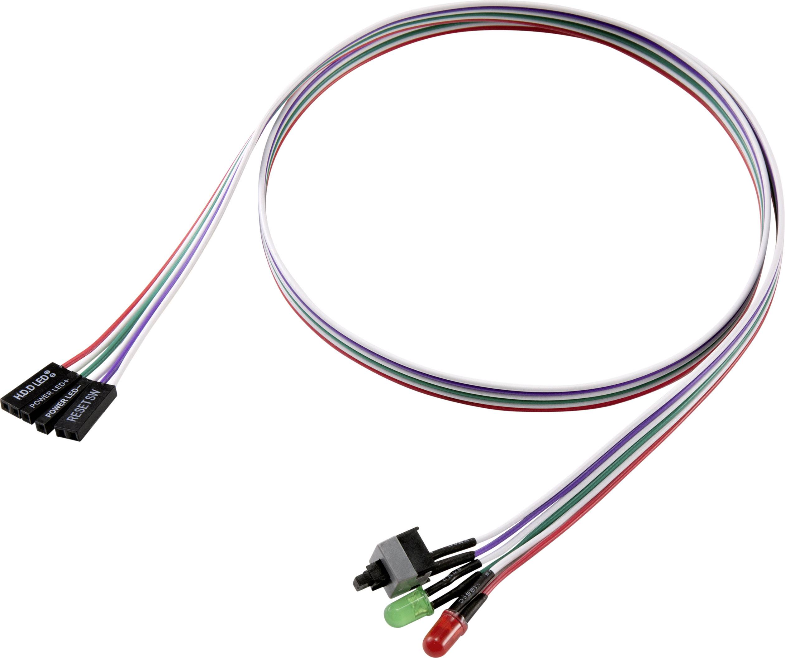 Câble avec des voyants LED rouges et verts et un interrupteur noir à une extrémité ; des connecteurs sont situés à l'autre extrémité.