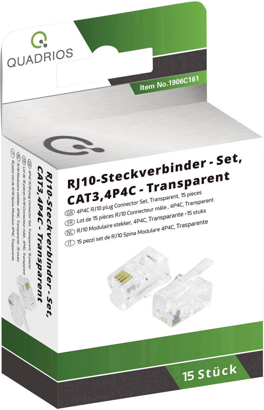 Emballage d'un ensemble de connecteurs RJ10, CAT3, 4P4C, transparent, 15 pièces. Comprend des fiches RJ10 4P4C et des câbles modulaires.