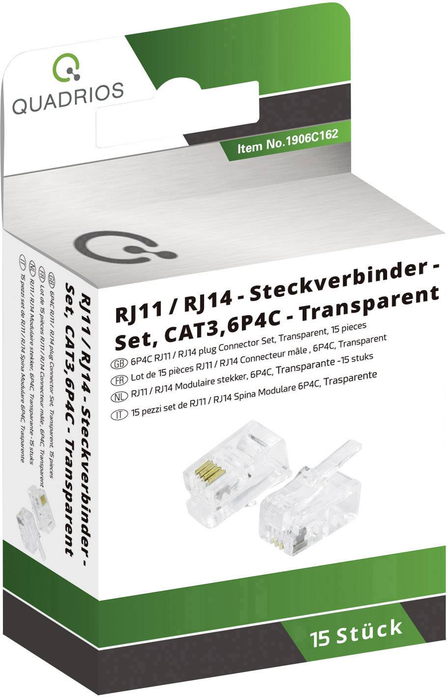Ensemble de connecteurs RJ11/RJ14, CAT3, 6P4C, transparent, 15 pièces. Logo QuadrioS en haut à gauche sur l'emballage.