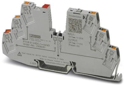 Un module relais double de Phoenix Contact monté sur rail DIN, montrant les connexions et les spécifications techniques.