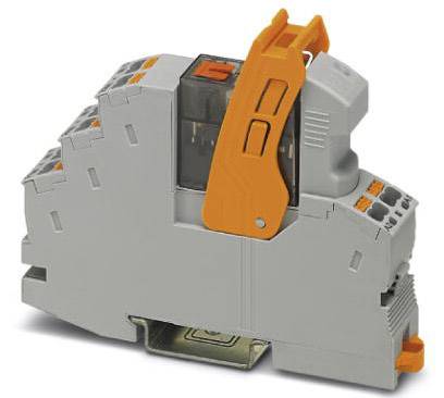 Un module relais gris avec des éléments oranges pour montage sur rail DIN, utilisé dans les systèmes de commande électriques.