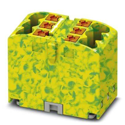 Module de connexion jaune avec un motif vert, comprenant deux entrées de fils et quatre bornes de fermeture orange en haut.