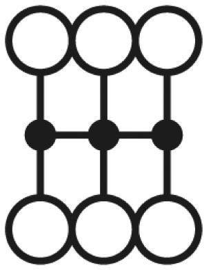 Diagramme noir et blanc avec des cercles connectés en deux rangées, reliés par des lignes.