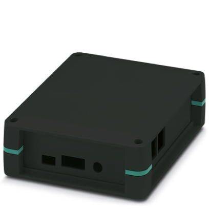 Un boîtier noir, rectangulaire avec des coins arrondis et des accents turquoise. Il comporte plusieurs ouvertures et connexions.