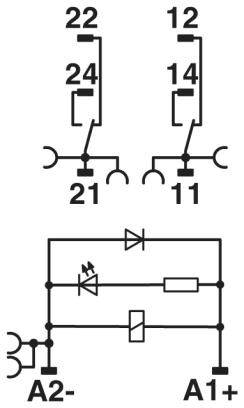 Symbole de commutation avec deux relais électromécaniques : À gauche, un inverseur double (contact NO/NF), à droite un inverseur simple. Circuit inférieur avec diode.