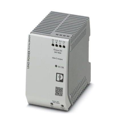 Un boîtier d'alimentation gris portant l'inscription 'UNO POWER'. Il dispose de quatre connexions en haut et d'étiquettes indiquant une sortie DC 24V 90W.