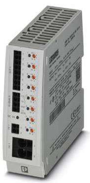 Un appareil électronique gris avec plusieurs ports et boutons sur la façade. Texte et symboles sur le côté.