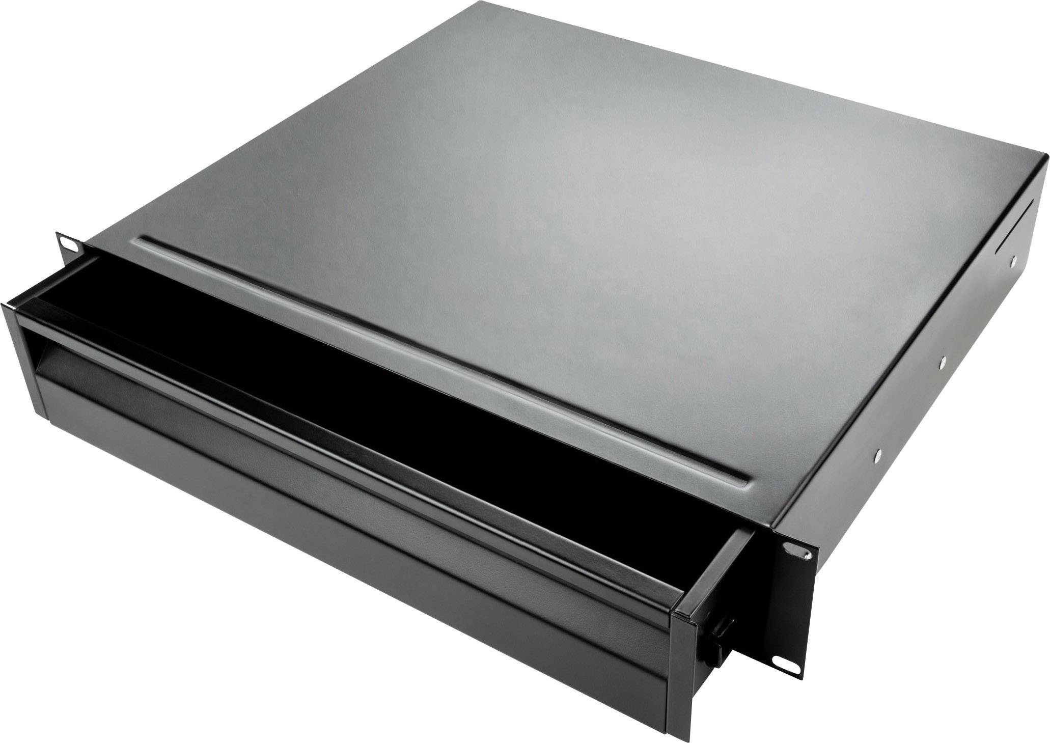 Tiroir métallique pour rack 19 pouces, noir, avec deux poignées et fentes de ventilation. Idéal pour l'équipement technique.