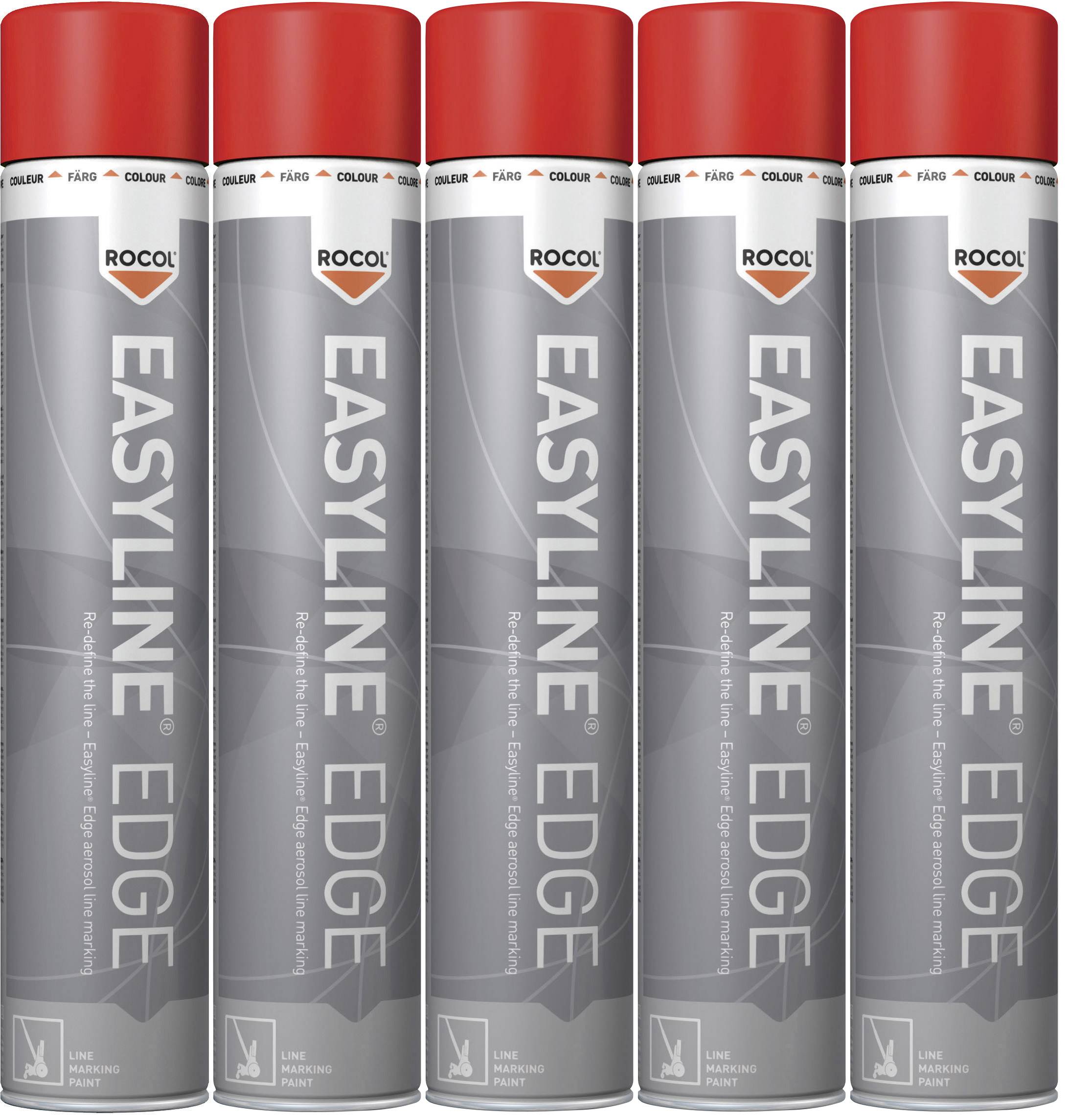 Cinq boîtes rouges portant l'inscription 'EASYLINE EDGE' alignées. Elles contiennent des aérosols de peinture pour applications industrielles.