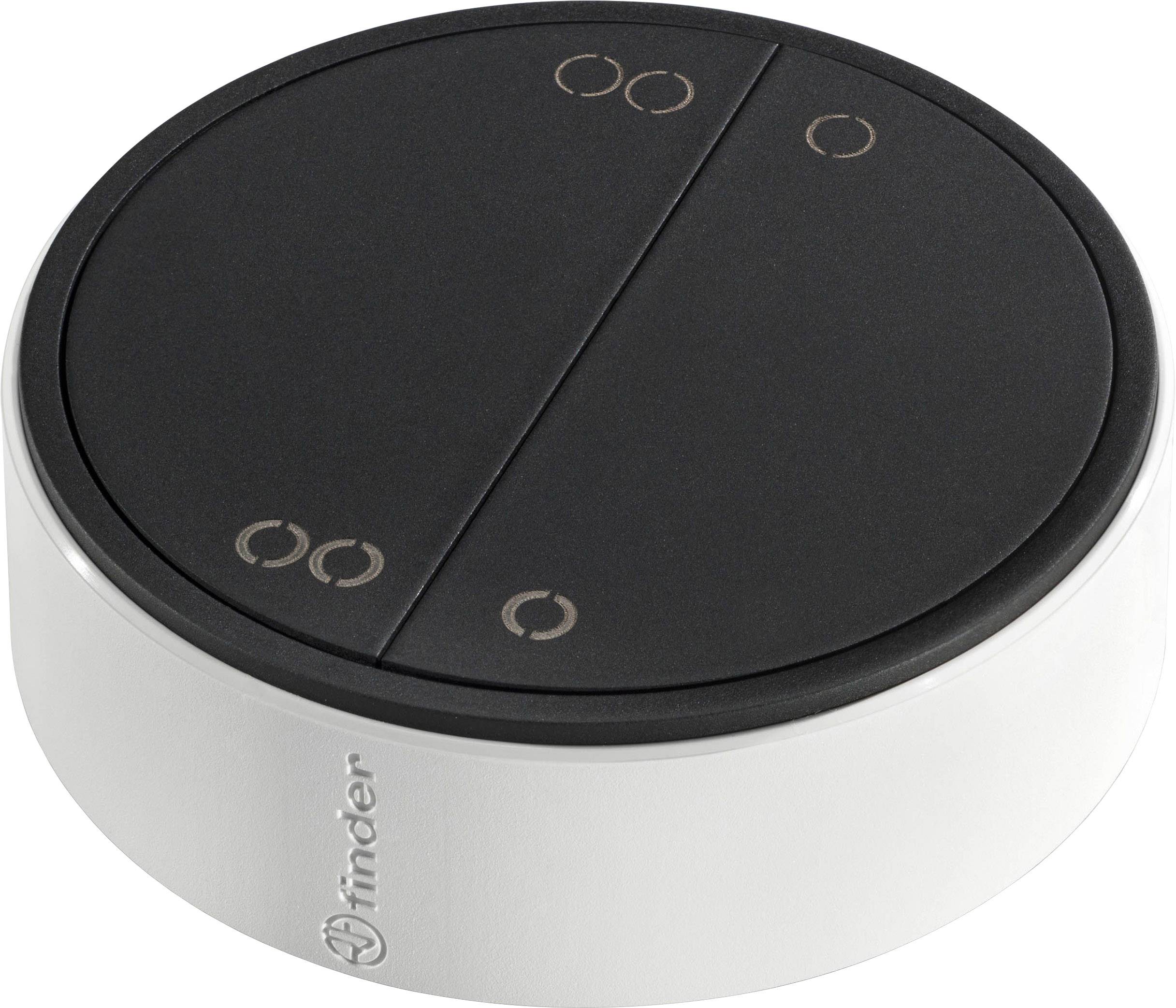 Thermostat noir et rond avec des symboles minimalistes sur un fond blanc.