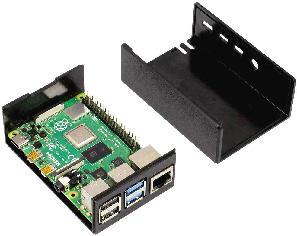 Un Raspberry Pi 4 Modèle B dans un boîtier noir, partiellement ouvert. Les ports USB et Ethernet sont visibles.