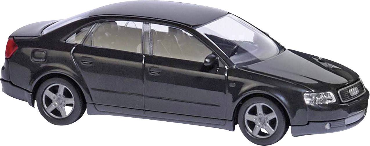 Une voiture miniature noire vue de profil, avec des roues à cinq rayons, une surface brillante et des vitres transparentes.