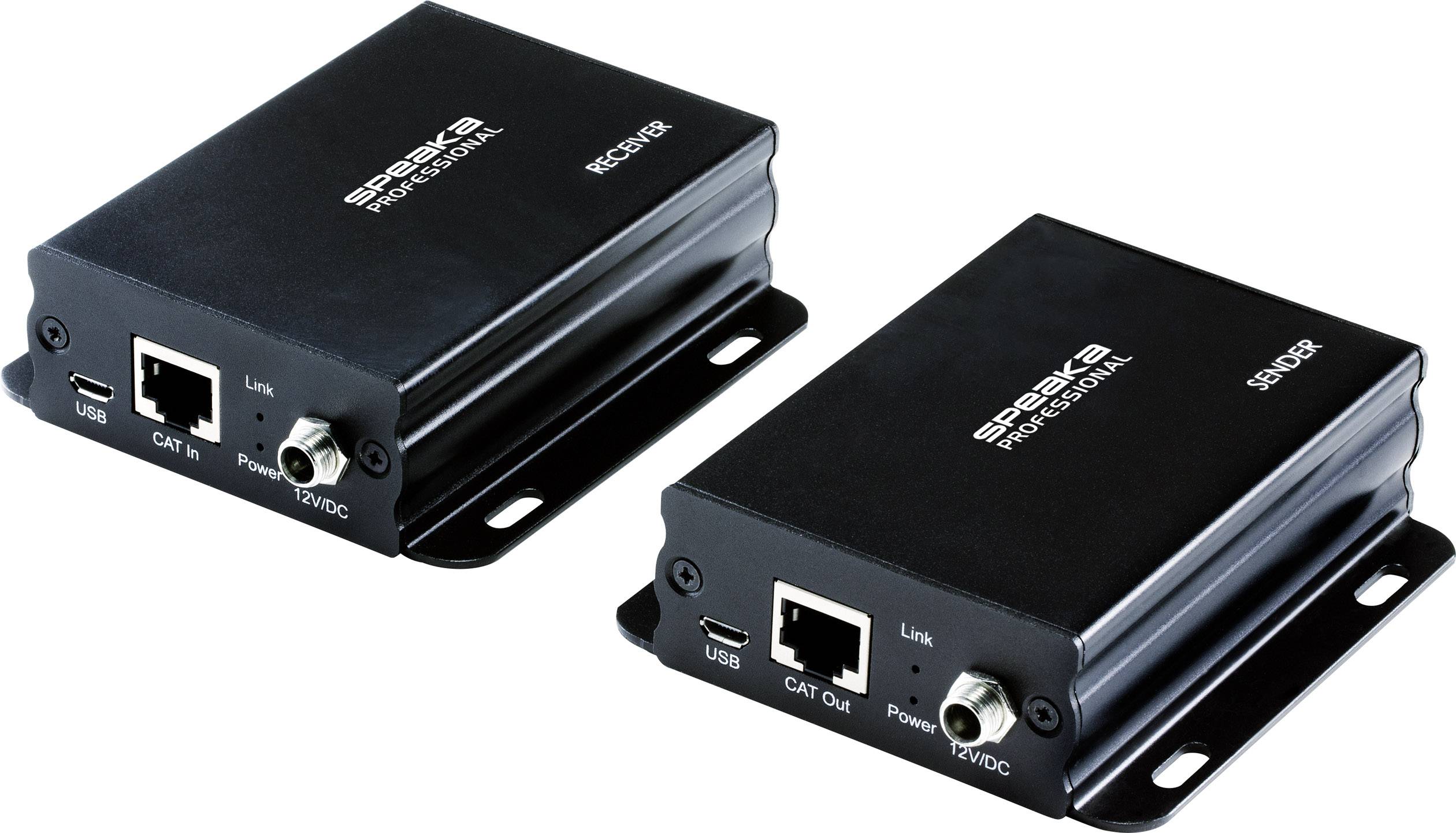 Deux petits appareils électroniques noirs portant l'inscription 'SPEXER'. Ils sont dotés de connexions USB, CAT et d'alimentation électrique.