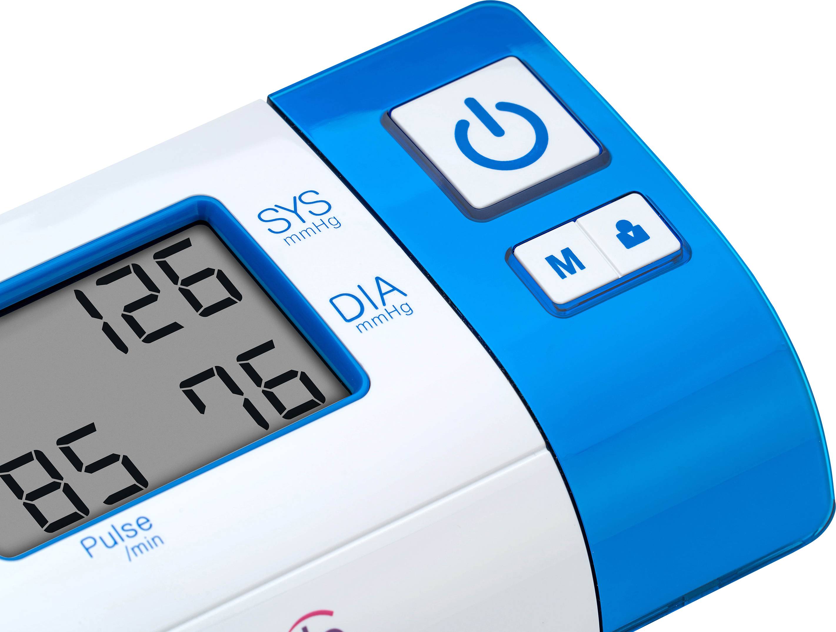 Appareil de mesure de la tension artérielle indique une valeur systolique de 126 mmHg et une valeur diastolique de 76 mmHg. Pouls : 85/min.