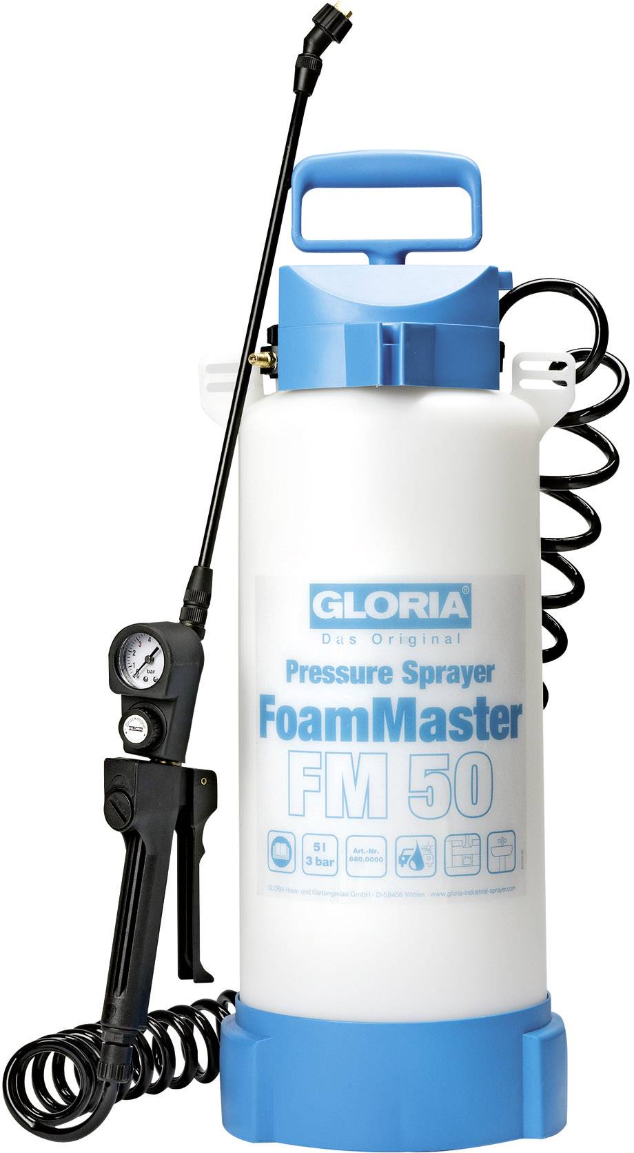 Pulvérisateur avec inscription bleue 'Foam Master FM 50', équipé d'un manomètre et d'un embout de lance à spirale.