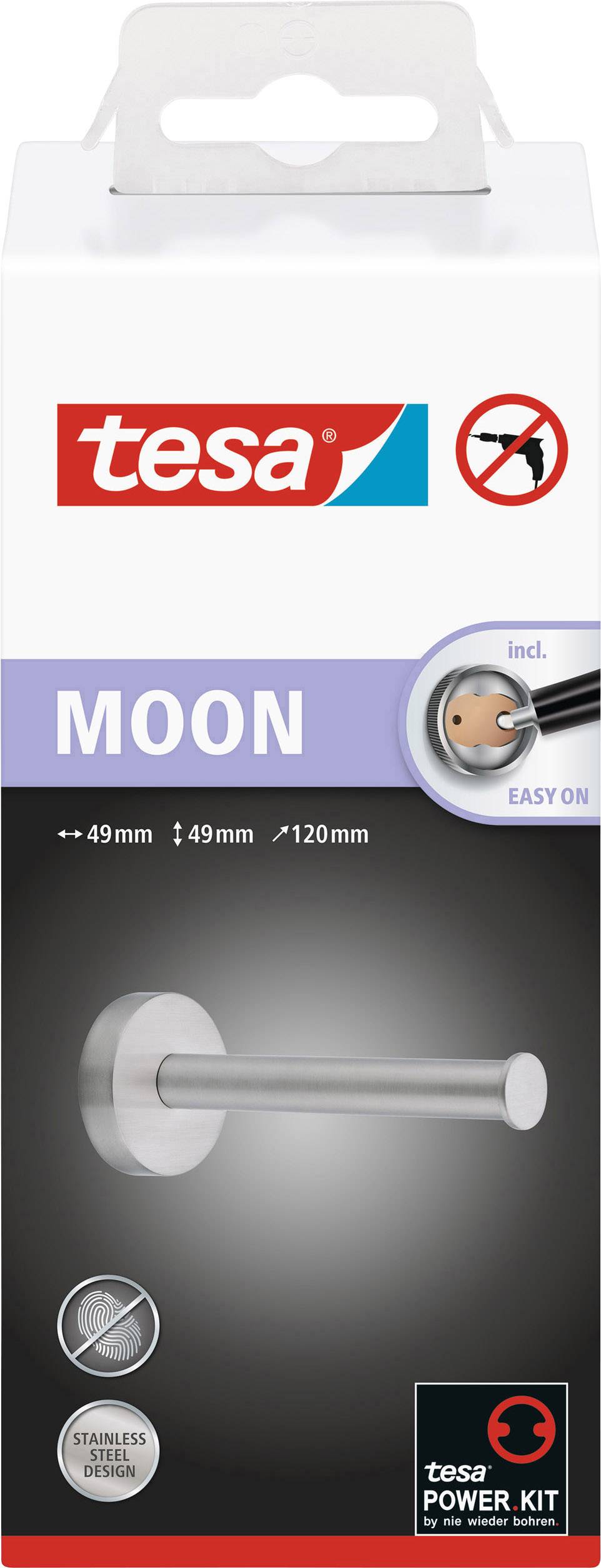 Emballage d'un porte-serviettes auto-adhésif 'tesa MOON' en acier inoxydable, comprenant un kit de montage, ne nécessitant aucun perçage.