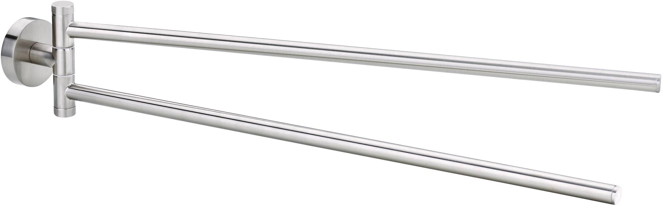 Un porte-serviettes double et extensible en acier inoxydable pour montage mural, doté de deux barres parallèles.