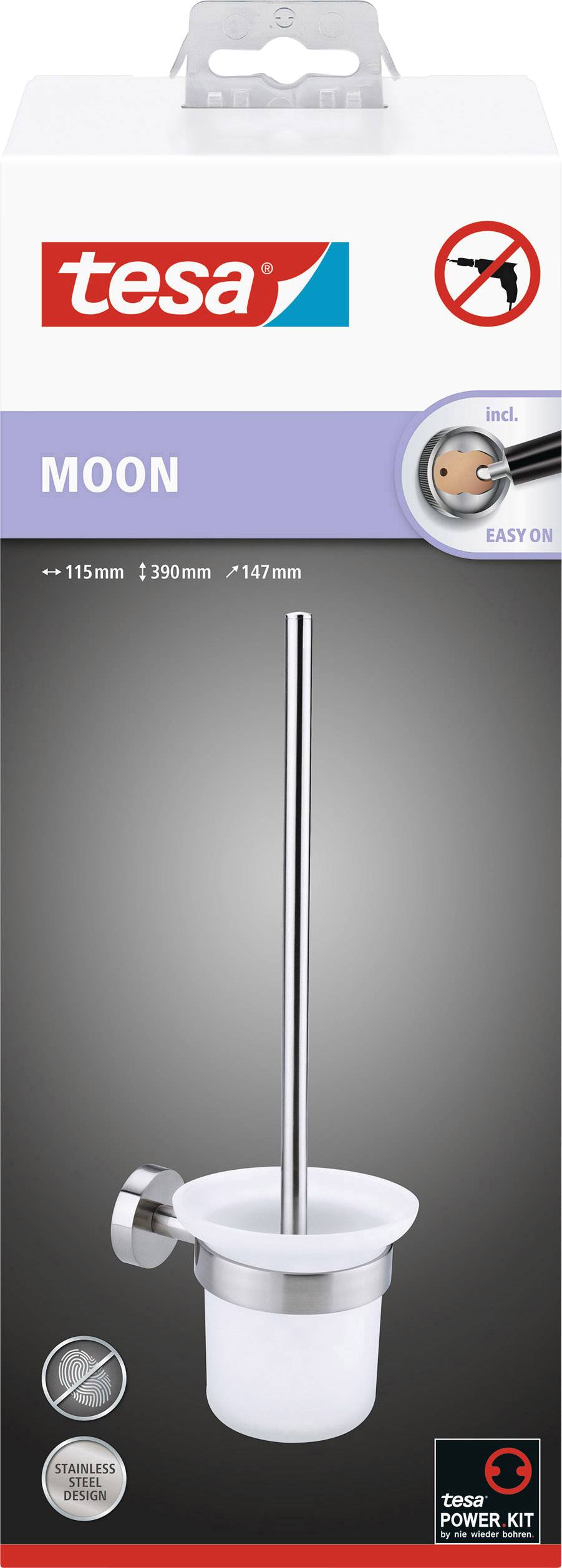 Emballage d'un support de brosse de toilettes Tesa Moon, au design en acier inoxydable et avec système de fixation Power.Kit sans perçage.