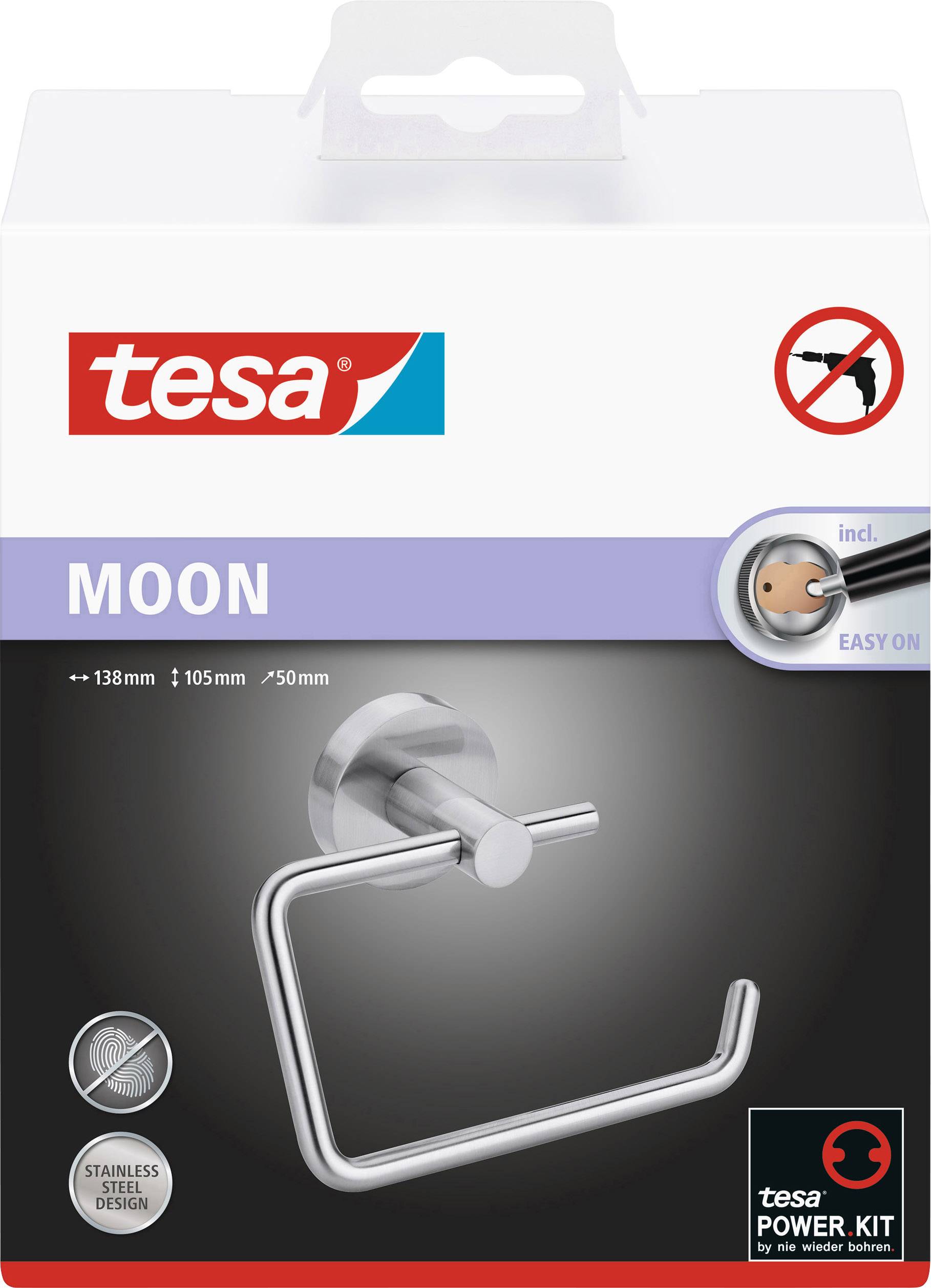 Emballage d'un support de papier toilette tesa modèle 'MOON', en acier inoxydable. Comprend un kit de fixation Tesa Power pour une installation facile sans perçage.