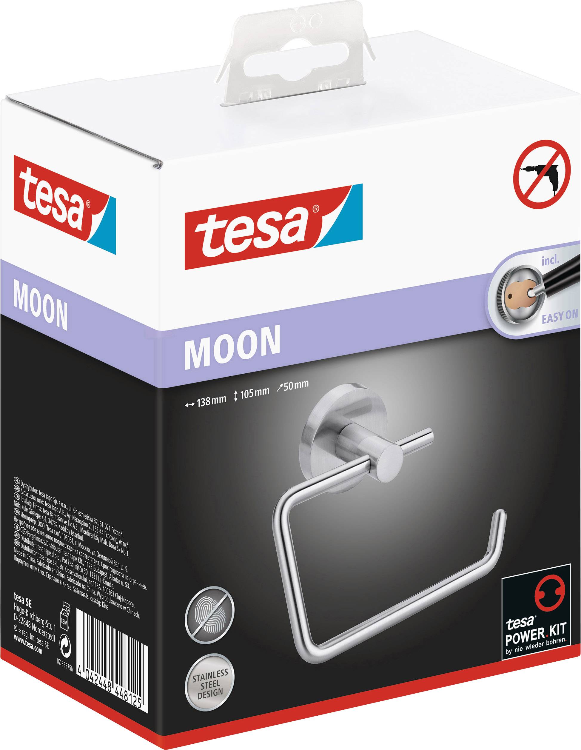 Emballage d'un support de papier toilette Tesa modèle 'MOON', aspect acier inoxydable, comprend un kit de montage Easy-On, sans perçage.