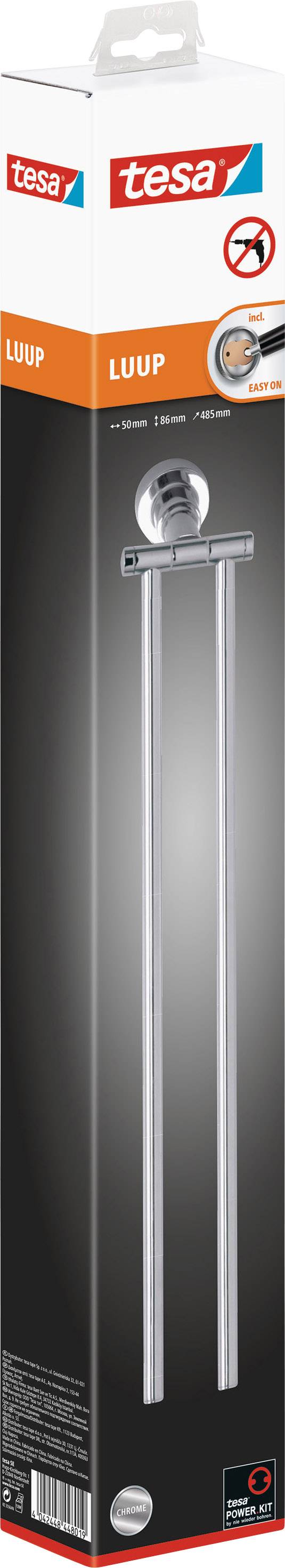 Emballage d'un support de serviette tesa LUUP, montrant deux barres parallèles en métal. Adapté pour une installation sans perçage.