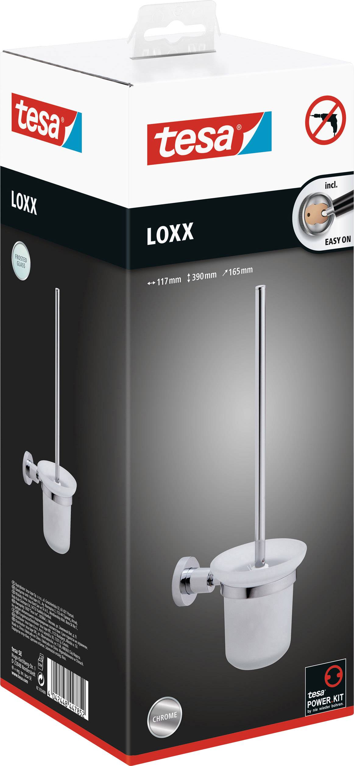 Emballage d'un support de brosse de toilettes chromé de la marque 'tesa LOXX', incluant un kit de montage, adapté pour une fixation murale.