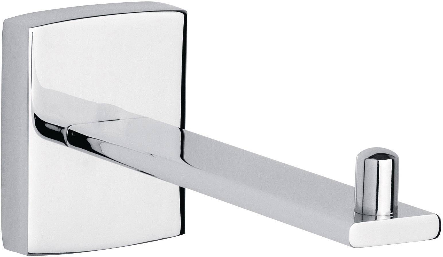 Un crochet mural moderne en chrome avec une base rectangulaire et un crochet arrondi, adapté pour suspendre des objets.