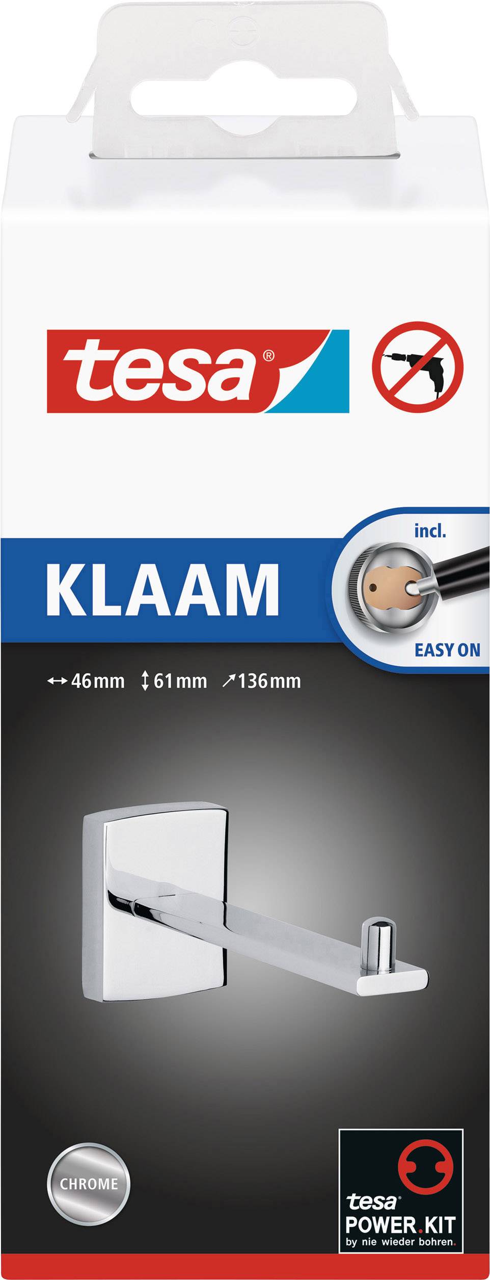 Un emballage de 'tesa KLAAM' présente un porte-serviettes chromé avec les dimensions 46 mm x 61 mm x 136 mm et la mention 'tesa Power Kit'.