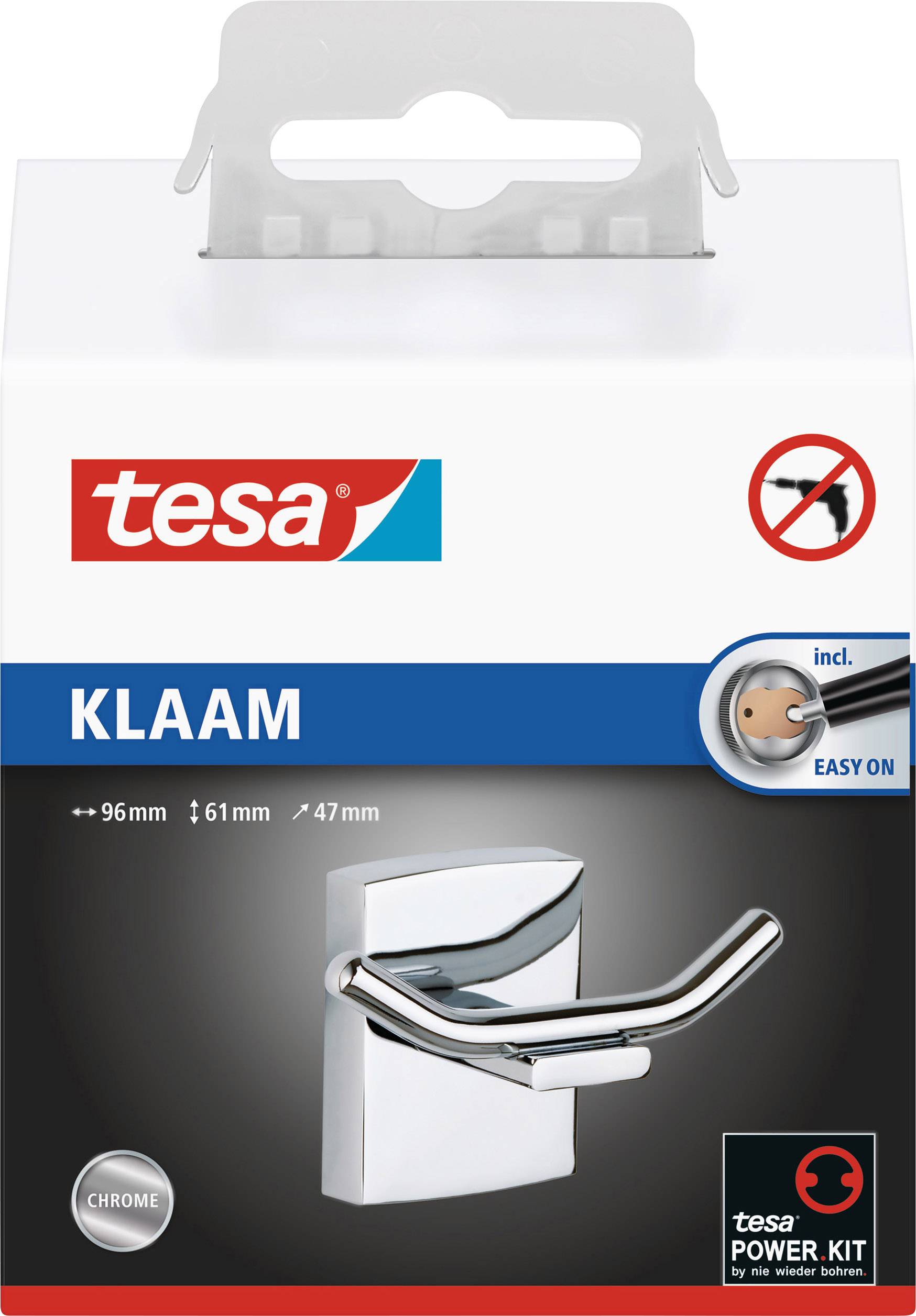 Emballage d'une poignée de porte de 'tesa', modèle 'Klaam', incluant le matériel de fixation, surface chromée.