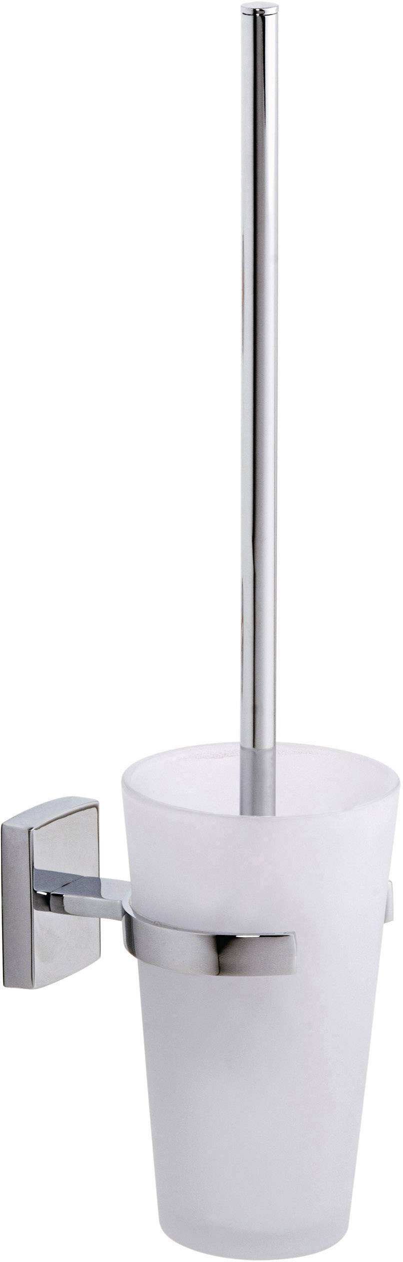 Un support de brosse de toilette avec brosse, en métal chromé, au design épuré. Le support est fixé au mur.